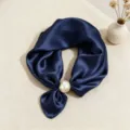Dark blue satin neckerchief with elegant pearl magnetic buckle, perfect for daily styling. - Solid Navy