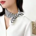 Black and white striped silk scarf, elegant professional neckerchief for women and hair tie. - White