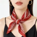 Red paisley silk scarf square bandana neckerchief for women stylish hair tie chic accessory - Red