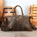 Vintage brown leather travel duffel bag, large capacity shoulder handbag for men. - Dark Coffee