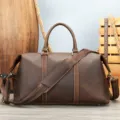 Vintage brown leather travel bag for men, large capacity duffel bag with shoulder strap. - Coffee