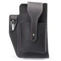 Men Genuine Leather Phone Holster Black Vertical Waist Bag with Metal Belt Clip Case - Black