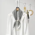 Elegant black and white striped silk scarf with wooden magnetic buckle, perfect women accessory. - CXK010-White Meander Pattern (Main Image Style)