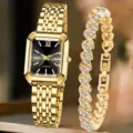 Detailansicht eines eleganten goldenen Damen-Quarzuhren-Sets mit Kristallarmband - Goldfarbe Schwarz