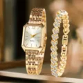 Elegantes goldenes Set aus quadratischer Quarzuhr und funkelndem Armband im Detail - Gold Weiß