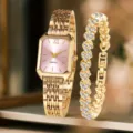 Elegante goldfarbene quadratische Quarzuhr mit rosa Zifferblatt und passendem Armband - Gold Rosa