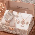 Luxuriöses roségoldenes Uhren- und Herzschmuck-Set mit funkelnden Strasssteinen. - Set 1 / Roségold