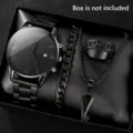 Close-up of men's business calendar watch set with black bracelet, ring, and arrow necklace - Watch Bracelet Ring Necklace (Style 2)