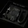 Luxury all-black men's business watch set with matching necklace, ring and bracelet - Watch Bracelet Ring Necklace (Style 1)