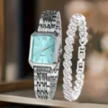 Elegantes silbernes Set mit quadratischer Quarzuhr und herzförmigem Armband - Silber-Blau