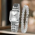 Elegantes silbernes Set aus quadratischer Quarzuhr und passendem Armband für Damen - Silber