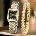 Nahaufnahme eines eleganten zweifarbigen quadratischen Uhren- und Armbandsets - Zweifarbig Schwarzes Zifferblatt