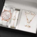 Elegantes Set mit weißer Quarzuhr und Schmetterlings-Schmuck für Damen in Geschenkbox - Schmetterling Thema Set (Keine Box) / Weiß