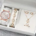 Luxuriöses 6-teiliges Uhren- und Schmuckset in Roségold in einer weißen Geschenkbox - Herz Strass Set (Keine Box) / Weiß