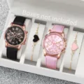 Elegantes Damen-Quarzuhr- und Herzarmband-Set mit Lederarmband in Schwarz und Rosa - Herz Armband Set (Keine Box) / Schwarz Rosa