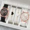 Elegantes Damenuhren-Set mit Lederarmband in Roségold und Herz-Armbändern - Herz Armband Set (Keine Box) / Schwarz Weiß