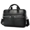 Black leather business briefcase for men, 14-inch laptop shoulder bag with dual handles. - 2099 Black (Upgraded Model)