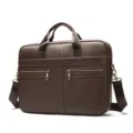 Brown leather men business briefcase laptop bag with shoulder strap and dual zipper pockets. - 5011 Coffee (15.6 Inch)