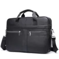 Black leather mens briefcase laptop bag with shoulder strap and metal hardware details. - 5011 Black (15.6 Inch)
