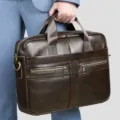 Brown leather business briefcase for men, 14 inch laptop bag with handles and zipper pockets. - 2019 Dark Coffee Upgraded Version