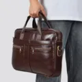 Men brown leather briefcase vintage business laptop bag 14 inch casual shoulder bag - 2019 Red Coffee