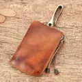 Astuccio per chiavi in vera pelle mini portamonete con zip vintage portafoglio in pelle - Marrone