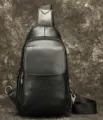 Bolso de pecho de cuero genuino para hombre bandolera casual bolsa de cuero de vaca superior - Cuero granulado natural negro