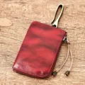 Astuccio portachiavi in vera pelle rossa mini borsellino con gancio in metallo unisex - Rosso