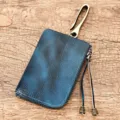 Blue genuine leather key pouch zipper coin purse with metal hook and tassel decor - Blue