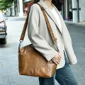 Brown patchwork genuine leather crossbody bag, stylish women shoulder bag with wide strap. - Brown