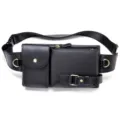 Elegante marsupio da uomo in vera pelle nera, borsa da petto multifunzionale e borsa da cintura. - Pelle liscia nera