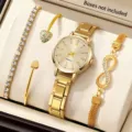 Elegante goldene Damen-Quarzuhr mit römischen Ziffern und passenden Armbändern - Schmuckset (Enthält Drei Armbänder) / Gold