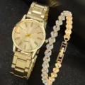 Elegante goldfarbene Damenquarzuhr im Set mit einem funkelnden Strass-Herzarmband-Set. - Uhr Armband Kombination / Gold