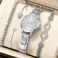 Elegantes silberfarbenes Quarzuhren-Set mit Infinity- und Herzschmuck in der Box - Schmuckset (Enthält Drei Armbänder) / Silber