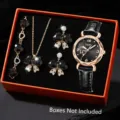 Detailansicht eines luxuriösen Herz-Quarz-Uhren- und Schmucksets mit Lederband - 5-Teiliges Ensemble 1 / Schwarz