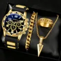 Luxuriöses Herren Gold Uhr Schmuckset mit Armband Halskette und Ring in Box - Goldenes Accessoire 4-Teilige Kollektion (Set 1)