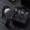 Elegant black men's watch set with bracelet, cross necklace, and ring accessories - Four-Piece Accessory Combination (Watch/Necklace/Bracelet/Ring) / Black