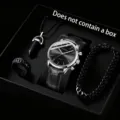 Elegantes Herren Business-Uhrenset mit schwarzem Lederarmband, Halskette, Ring und Armband. - Schwarzes Armband Schwarzes Zifferblatt Zubehör-Set