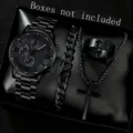 Schwarzes modisches Uhrenset für Herren mit Armband Kreuzhalskette und einem Ring - Set 2 (Uhr + Armband + Kette + Ring)