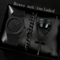 All-Black Herren-Accessoire-Set mit minimalistischer Quarzuhr, Kreuzhalskette und Armband - Set 3