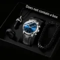 Detailansicht eines blauen Herren-Quarzuhr-Sets mit passendem schwarzen Schmuckzubehör - Schwarzes Armband Blaues Zifferblatt Zubehör-Set
