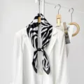 Zebra print silk scarf detail view, elegant black and white pattern for women commute style. - CXK010-Zebra Print