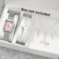 Elegantes Schmuckset für Damen mit quadratischer rosa Uhr und silbernem Zubehör. - Silber Rosa Zifferblatt Set