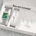 Detailansicht einer silbernen Damen-Quarzuhr und eines Schmucksets mit grünem Zifferblatt - Silber Grünes Zifferblatt Set