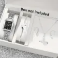 Elegantes 6-teiliges Silberschmuck-Set mit quadratischer Uhr und Tropfenhalskette - Silber Schwarzes Zifferblatt Set