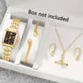 Nahaufnahme des eleganten 6-teiligen Damen-Gold-Schmucksets mit einer quadratischen Quarzuhr - Gold Schwarzes Zifferblatt Set