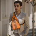 Men vintage genuine leather chest bag brown cross body sling bag casual single shoulder bag - Tan