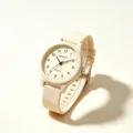 Detail einer minimalistischen analogen Studentenuhr mit cremefarbenem Silikonarmband - Beige