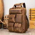 Zaino vintage in pelle uomo, grande capacità, borsa da viaggio per laptop 17 pollici. - Marrone