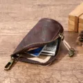 Porte-clés vintage en cuir marron véritable avec fermeture éclair et crochet pour hommes. - Brun Foncé